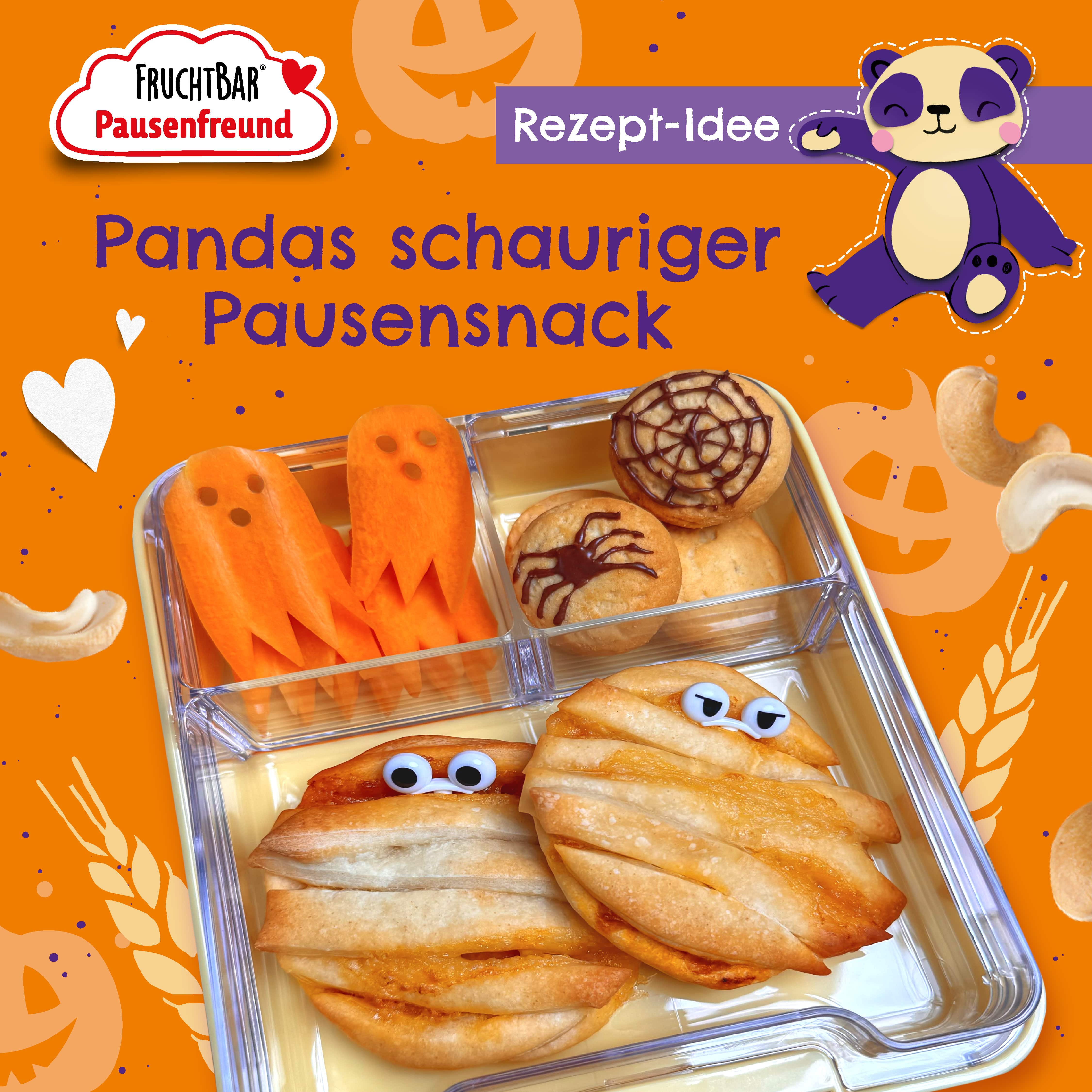 Pausendose mit Pausenfreund gefüllten keksen mit Spinnennetz Muster, Karotten in geister-Form und Blätterteig Taschen in Mumien Optik